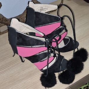 Catherine Malandrino Black and Pink Lace-Up Heels